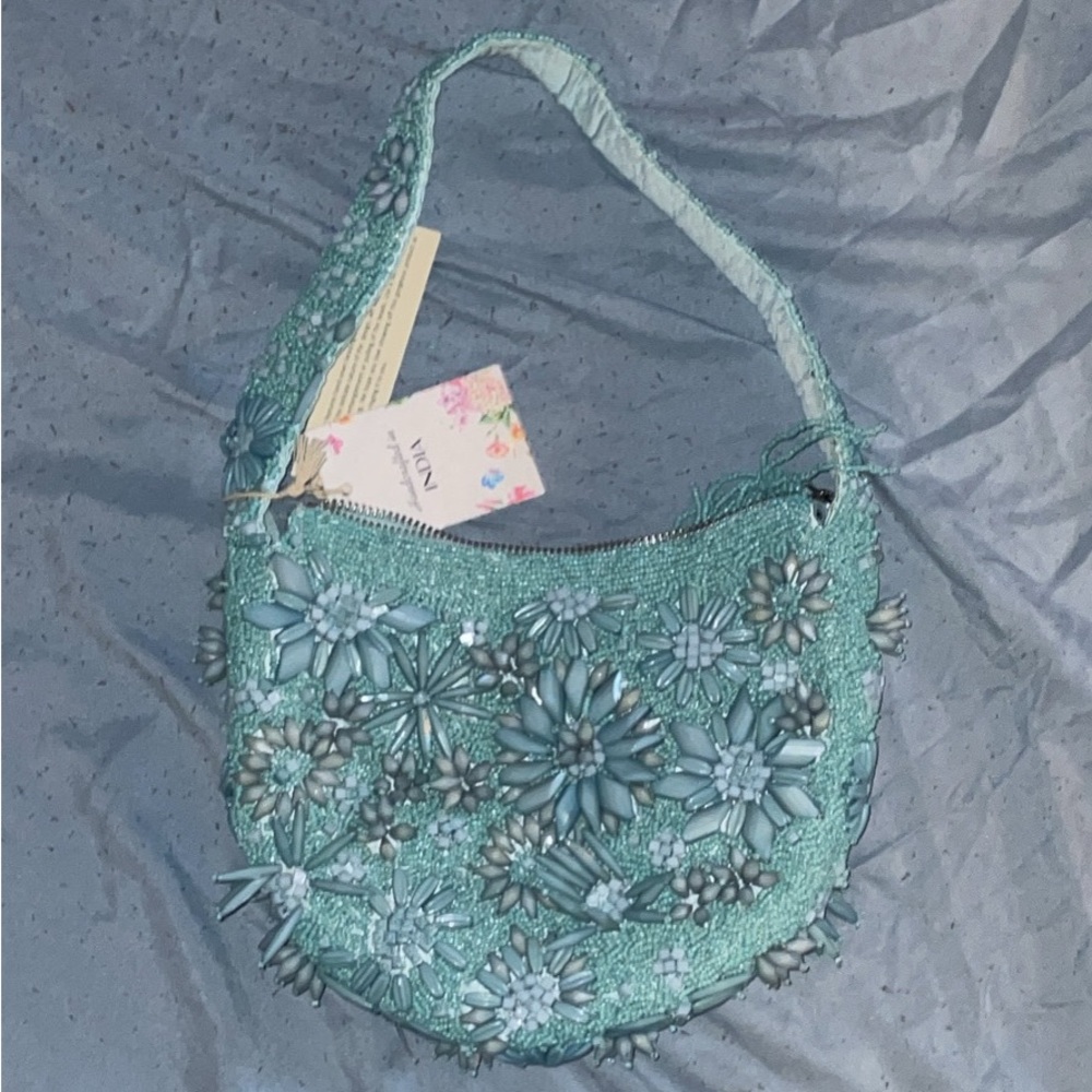 Floral Embellished Blue Handbag